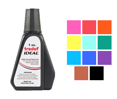This 1 oz. bottle of ink works on all Ideal, Trodat, & Shiny self-inking stamps. Water-based ink in 11 colors to choose from. Orders ship free over $60!