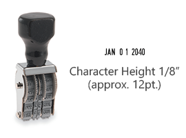 This JustRite non-self-inking dater has a character height of 1/8" & an approx. width of 3/4". Stamp pad is sold separately. Orders ship free over $75!