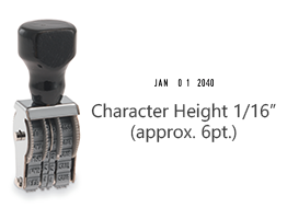 This JustRite non-self-inking dater has a character height of 1/16" & an approx. width of 9/16". Stamp pad is sold separately. Orders ship free over $75!