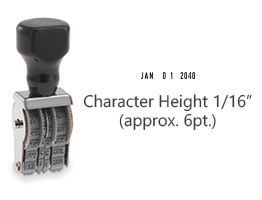 This JustRite non-self-inking dater has a character height of 1/16" & an approx. width of 3/4". Stamp pad is sold separately. Orders ship free over $75!