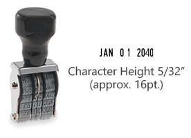 This JustRite non-self-inking dater has a character height of 5/32" & an approx. width of 7/8". Stamp pad is sold separately. Orders ship free over $60!
