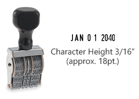 This JustRite non-self-inking dater has a character height of 3/16" & an approx. width of 15/16". Stamp pad is sold separately. Orders ship free over $75!