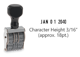 This JustRite non-self-inking dater has a character height of 3/16" & an approx. width of 1-1/5". Stamp pad is sold separately. Orders ship free over $75!