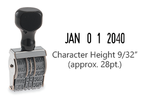This JustRite non-self-inking dater has a character height of 9/32" & an approx. width of 1-1/4". Stamp pad is sold separately. Orders ship free over $75!