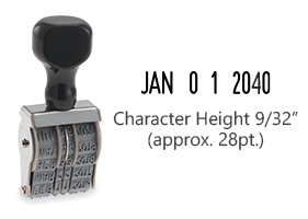 This JustRite non-self-inking dater has a character height of 9/32" & an approx. width of 1-3/5". Stamp pad is sold separately. Orders ship free over $75!