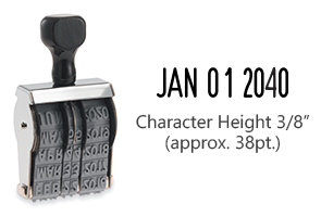 This JustRite non-self-inking dater has a character height of 3/8" & an approx. width of 1-1/4". Stamp pad is sold separately. Orders ship free over $75!