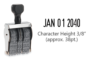 This JustRite non-self-inking dater has a character height of 3/8" & an approx. width of 1-13/20". Stamp pad is sold separately. Orders ship free over $75!