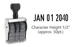 This JustRite non-self-inking dater has a character height of 1/2" & an approx. width of 1-15/16". Stamp pad is sold separately. Orders ship free over $75!