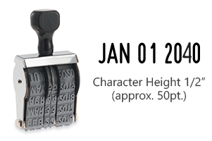 This JustRite non-self-inking dater has a character height of 1/2" & an approx. width of 2-1/2". Stamp pad is sold separately. Orders ship free over $75!