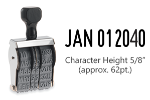 This JustRite non-self-inking dater has a character height of 5/8" & an approx. width of 2-3/16". Stamp pad is sold separately. Orders ship free over $60!