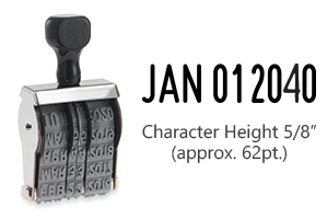 This JustRite non-self-inking dater has a character height of 5/8" & an approx. width of 2-3/4". Stamp pad is sold separately. Orders ship free over $75!