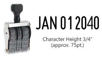 This JustRite non-self-inking dater has a character height of 3/4" & an approx. width of 2-3/4". Stamp pad is sold separately. Orders ship free over $60!