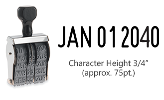 This JustRite non-self-inking dater has a character height of 3/4" & an approx. width of 3-1/2". Stamp pad is sold separately. Orders ship free over $75!