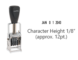 This JustRite self-inking stock dater has a character height of 1/8" w/ an approx. width of 11/16" & comes in 5 ink color options. Orders ship free over $75!