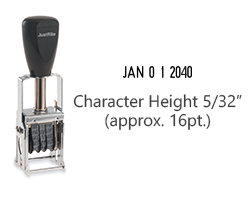 This JustRite self-inking stock dater has a character height of 5/32" w/ an approx. width of 3/4" & comes in 5 ink color options. Orders ship free over $60!