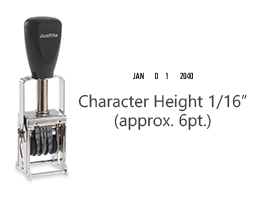 This JustRite self-inking stock dater has a character height of 1/16" w/ an approx. width of 11/16" & comes in 5 ink color options. Orders ship free over $60!