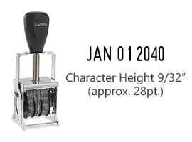 This JustRite self-inking stock dater has a character height of 9/32" w/ an approx. width of 1-3/16" & comes in 5 ink color options. Orders ship free over $60!
