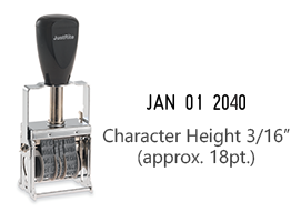 This JustRite self-inking stock dater has a character height of 3/16" w/ an approx. width of 1" & comes in 5 ink color options. Orders ship free over $100!