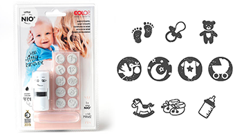 5/8" round stamp little NIO baby kit. 10 interchangeable designs. Create thousands of impressions. Ink color is fancy grey. Re-ink easily.