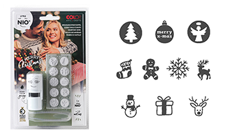 10 interchangeable Christmas designs. 5/8" round Lil NIO kit will be sure to make the holiday merry Ink color is fancy grey. Re-ink easily.