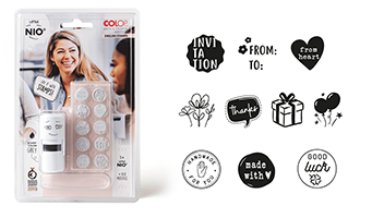 10 interchangeable designs sayings. 5/8" round stamp little NIO English kit. Stamp thousands of impressions. Ink color is fancy grey. Re-ink easily.