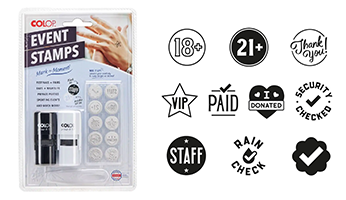 Two 5/8" round stamps little NIO event kit. 10 changeable designs. Create thousands of impressions. Ink colors: fancy grey & UV invisible ink. Re-ink easily.