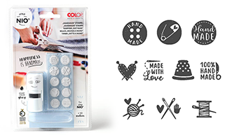Little NIO handmade kit: 5/8" round stamp. 10 changeable designs, tweezers & ink pad in fancy grey. Create thousands of impressions. Re-ink easily.
