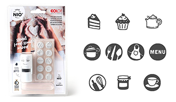 Add a final touch to your yummy goods w/ this 5/8" round stamp. 10 interchangeable designs. Stamp 1,000s of impressions. Ink color is fancy grey. Re-ink easily.