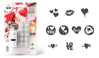 Love is in the air w/ this 5/8" round stamp little NIO love kit. 10 interchangeable designs. Create thousands of impressions. Comes with ink color fancy grey.