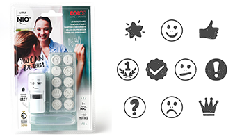 Perfect for grading. 10 interchangeable designs. This lil NIO 5/8" round stamp kit creates 1,000s of impressions. Ink color is fancy grey. Re-ink easily.