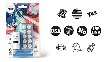 Proud to be an American. 5/8" round stamp little NIO USA kit. 10 interchangeable designs. Create 1,000s of impressions. Ink color is fancy grey. Re-ink easily.