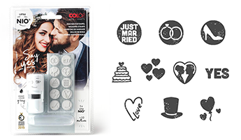 Stamp thousands of impressions w/ this 5/8" round stamp little NIO kit. 10 interchangeable wedding designs. Ink color is fancy grey. Re-ink easily.