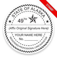 This professional land surveyor stamp for the state of Alaska adheres to state regulations and provides top quality impressions. Orders over $75 ship free.