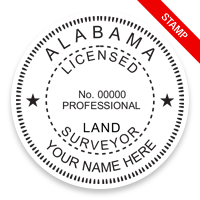 This professional land surveyor stamp for the state of Alabama adheres to state regulations and provides top quality impressions. Orders over $75 ship free.