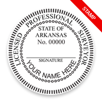 This professional land surveyor stamp for the state of Arkansas adheres to state regulations and provides top quality impressions. Orders over $75 ship free.