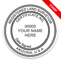 This professional land surveyor stamp for the state of Arizona adheres to state regulations and provides top quality impressions. Orders over $75 ship free.