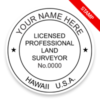 This professional land surveyor stamp for the state of Hawaii adheres to state regulations and provides top quality impressions. Orders over $75 ship free.
