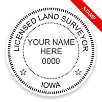 This professional land surveyor stamp for the state of Iowa adheres to state regulations and provides top quality impressions. Orders over $75 ship free.