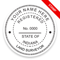 This professional land surveyor stamp for the state of Indiana adheres to state regulations and provides top quality impressions. Orders over $75 ship free.