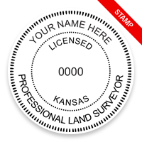 This professional land surveyor stamp for the state of Kansas adheres to state regulations and provides top quality impressions. Orders over $75 ship free.