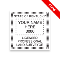This professional land surveyor stamp for the state of Kentucky adheres to state regulations and provides top quality impressions. Orders ship free over $75.