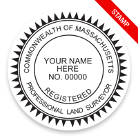 This professional land surveyor stamp for the state of Massachusetts adheres to state regulations & provides top quality impressions. Orders over $75 ship free.