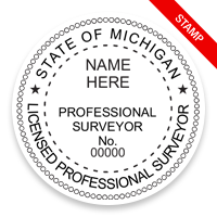 This professional land surveyor stamp for the state of Michigan adheres to state regulations and provides top quality impressions. Orders over $75 ship free.