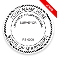 This professional land surveyor stamp for the state of Mississippi adheres to state regulations and provides top quality impressions. Orders over $75 ship free.