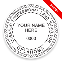 This professional land surveyor stamp for the state of Oklahoma adheres to state regulations and provides top quality impressions. Orders over $75 ship free.