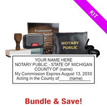 This MI notary premium kit, meets all state requirements & is available on 8 mount choices with record book, thumbprint pad, notary bag & a stock notary stamp.