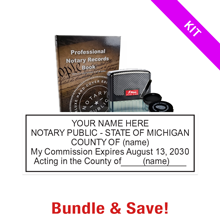 Michigan Notary Standard Kit includes rectangle stamp, record book & thumbprint pad. Upgrades are optional. Fast & free shipping over $100