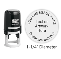 Customize this round 1-1/4" diameter stamp with text or your logo in your choice of 11 stunning ink colors. Refillable and ships in 1-2 business days.