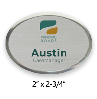 Customize this Silver Metallic Full Color Name Badge - 2" x 2-3/4" Oval on front side only. Free shipping over $100.