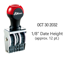 Stock traditional date stamp has a 1/8" character height, approx 12 pt. font size with 12 year bands. Use with separate ink pad. Orders over $100 ship free!